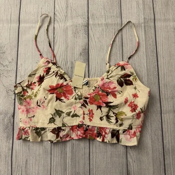 Abercrombie & Fitch Linen Blend Ruffle Top Pink Floral Size Large New‎ With Tags - Picture 3 of 6
